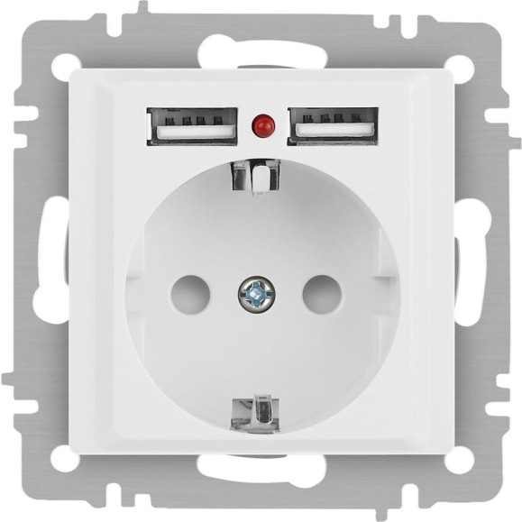 Розетка Intro Accent 641001М, PE Schuko со шторками, 16А 250В 2хUSB, IP20, СУ, белый матовый Б0063691
