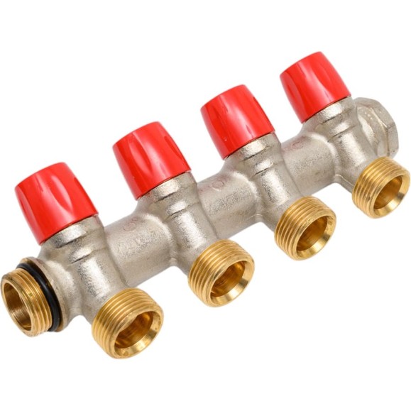 Коллектор HENCO VBS с красными вентилями, 3/4"НР под евроконус, 3/4" - 4xEK VBS050504-RO