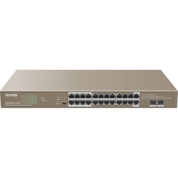 Коммутатор неуправляемый Tenda TEG1126P-24-410W PoE, 24 порта, 24x1 Гбит/с, PoE 24x30 Вт (до 370Вт), SFP 2x1 Гбит/с, установка в стойку 10000105699