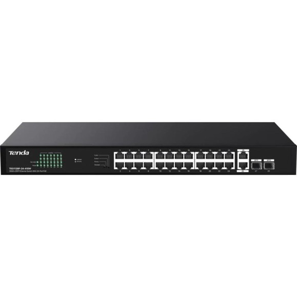 Коммутатор неуправляемый Tenda TEG1128P-24-410W PoE, 28 порта, 24x1 Гбит/с, PoE 24x30 Вт (до 410Вт), RJ45 2x1 Гбит/с, SFP 2x1 Гбит/с, установка в стойку 10000144943 Коммутатор неуправляемый Tenda TEG1128P-24-410W PoE, 28 порта, 24x1 Гбит/с, PoE 24x30 Вт (до 410Вт), RJ45 2x1 Гбит/с, SFP 2x1 Гбит/с, установка в стойку 10000144943