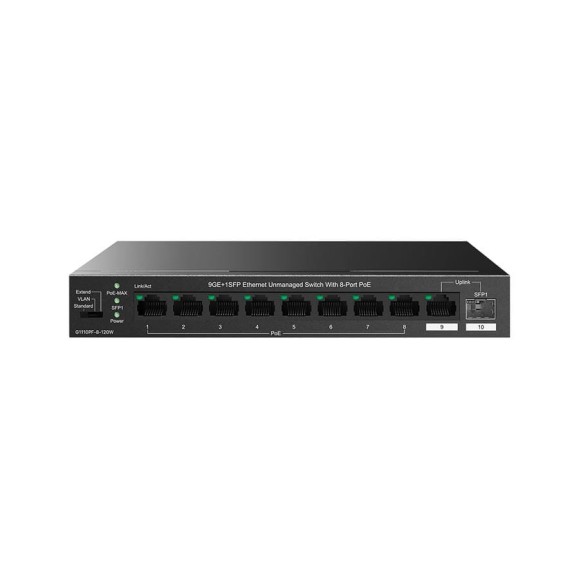Коммутатор неуправляемый PoE Tenda TEG1110PF-8-120W 10 портов, 9x1 Гбит/с, SFP 1x1 Гбит/с, PoE 8x30 Вт (до 102 Вт), настольный 10000146635