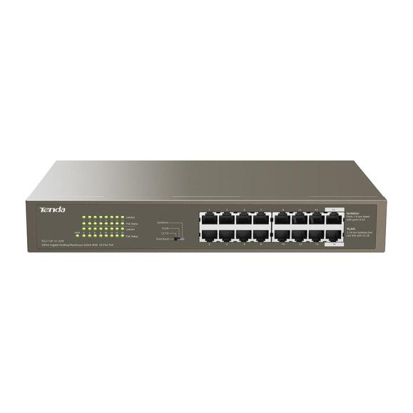 Коммутатор неуправляемый PoE Tenda TEG1116P-16-150W 16 портов, 16x1 Гбит/с, PoE 16x30 Вт (до 135Вт), установка в стойку 10000105700