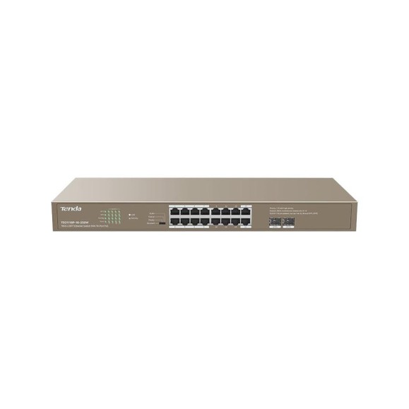 Коммутатор неуправляемый PoE Tenda TEG1118P-16-250W 16 портов, 16x1 Гбит/с, PoE 16x30 Вт (до 230Вт), SFP 2x1 Гбит/с, установка в стойку 10000111804