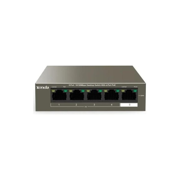 Коммутатор Tenda TEF1105P-4-38W неуправляемый PoE, 5 портов, 5x100 Мбит/с, PoE 4x15 Вт (до 35 Вт), настольный 10000090493