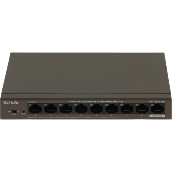 Коммутатор Tenda TEF1109P-8-63W неуправляемый PoE, 9 портов, 9x100 Мбит/с, PoE 8x58 Вт, настольный 10000111807