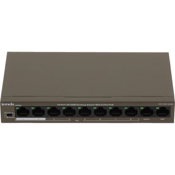 Коммутатор Tenda TEF1110P-8-63W неуправляемый PoE, 10 портов, 10x100 Мбит/с, PoE 8x30 Вт, 2хUplink, настольный 10000090495