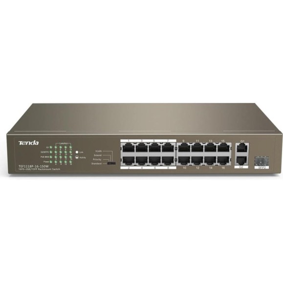 Коммутатор Tenda TEF1118P-16-150W неуправляемый PoE, 18 портов, 16x100 Мбит/с, 2x1 Гбит/с, PoE 16x30 Вт (до 130Вт), установка в стойку 10000105473 Коммутатор Tenda TEF1118P-16-150W неуправляемый PoE, 18 портов, 16x100 Мбит/с, 2x1 Гбит/с, PoE 16x30 Вт (до 130Вт), установка в стойку 10000105473