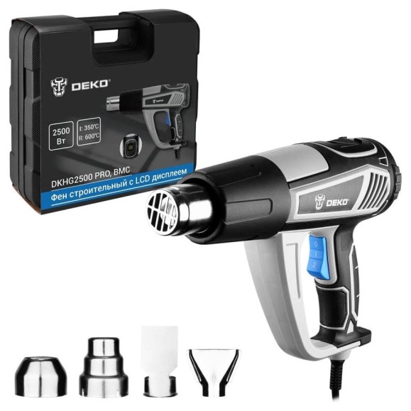 Фен строительный DEKO DKHG2500 PRO в кейсе, с LCD дисплеем, 2500Вт 085-1078