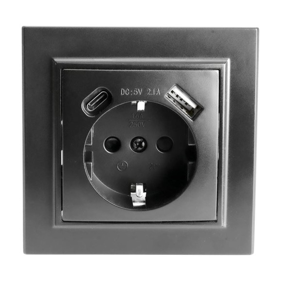 Розетка 1-местная STEKKER с/з, PST16-9016-03, 250В, 16А с USB+ type C, серия Эрна, черный, 50078