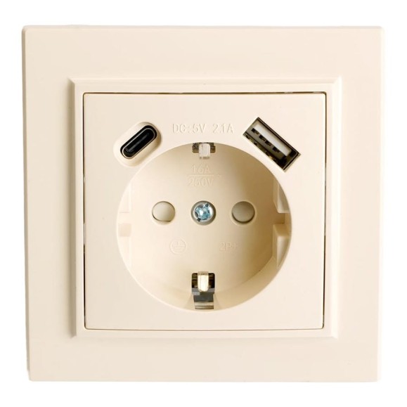 Розетка 1-местная STEKKER с/з, PST16-9016-02, 250В, 16А с USB+ type C, серия Эрна, слоновая кость, 50077