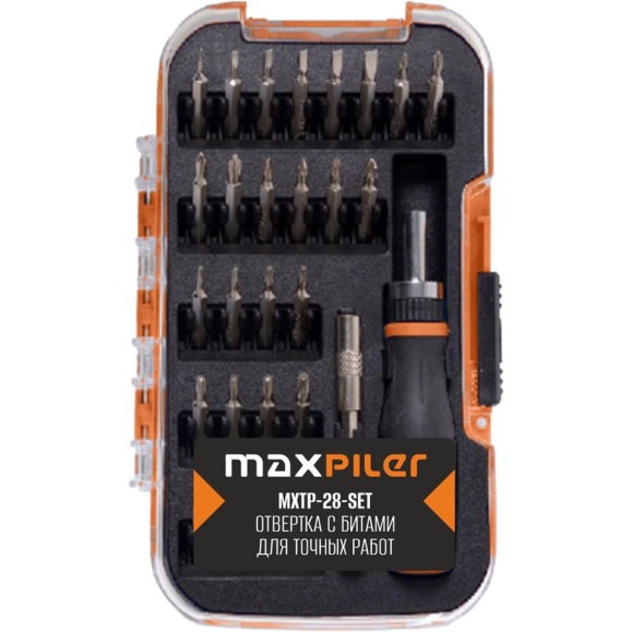 Набор бит для точных работ с рукояткой MAXPILER 28 шт, адаптер, кейс MXTP-28-SET