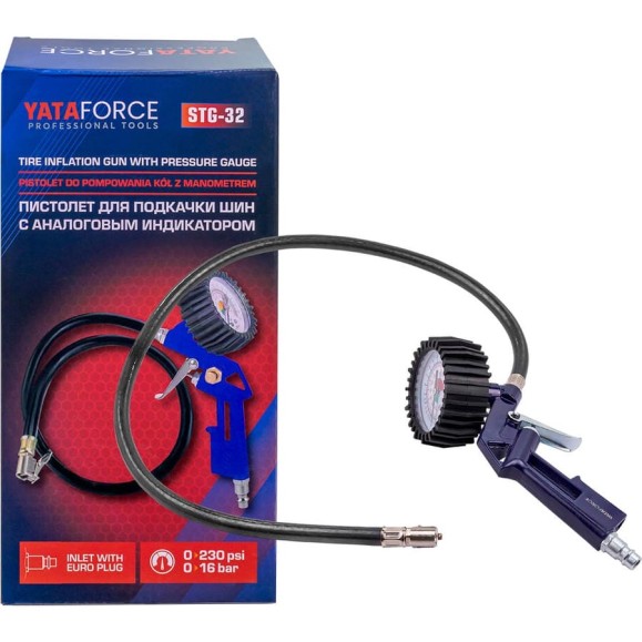 Пистолет для подкачки шин с манометром и шлангом YATAFORCE YF-STG-32(64633)