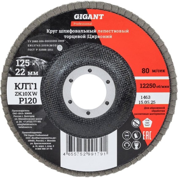 Круг лепестковый 125x22,2 мм; P120; цирконий, 10 шт Gigant Professional GNT-P120-10