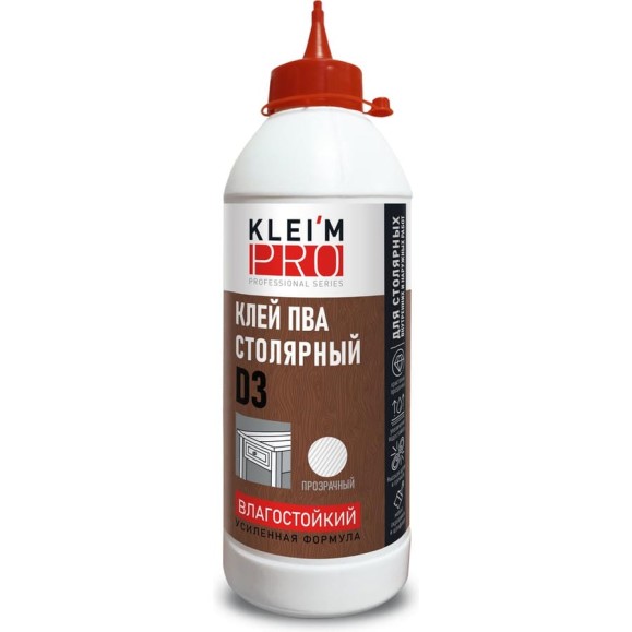 Клей KleimPro KLEI`MPRO ПВА D3, столярный влагостойкий прозрачный, бутыль, 850 г, 5001 Клей KleimPro KLEI`MPRO ПВА D3, столярный влагостойкий прозрачный, бутыль, 850 г, 5001