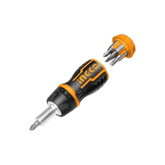 Отверткa трещоточная короткая с битами INGCO 8 в 1 AKISDS1728