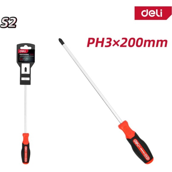 Крестовая отвертка Deli PH3x200мм DL3464 сталь S2, магнит, прорезиненная рукоятка 180150