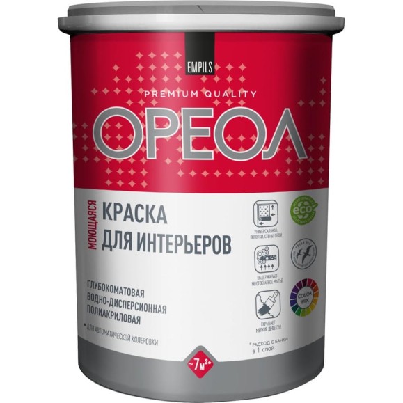 Краска ВД для интерьеров моющаяся глубокоматовая ОРЕОЛ (база С) 0.9 л 85910 Краска ВД для интерьеров моющаяся глубокоматовая ОРЕОЛ (база С) 0.9 л 85910