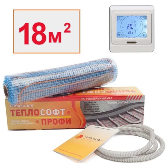 Нагревательный мат Профи 18м.кв. 2700 Вт с сенсорным терморегулятором ТеплоСофт 182700/4
