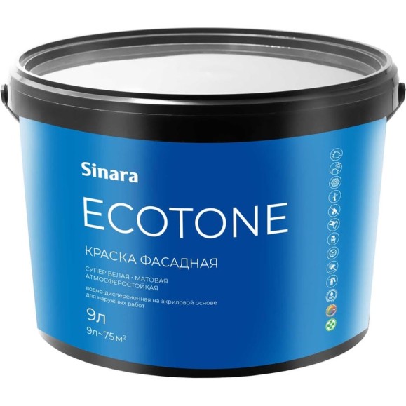Фасадная краска для наружных работ Sinara Ecotone супер белая, База А, матовая, атмосферостойкая, водно-дисперсионная на акриловой основе, 9л SP 064 Фасадная краска для наружных работ Sinara Ecotone супер белая, База А, матовая, атмосферостойкая, водно-дисперсионная на акриловой основе, 9л SP 064
