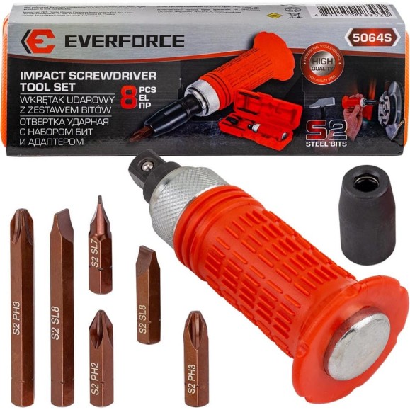 Отвертка ударная с набором бит и адаптером EVERFORCE 8 предметов EF-5064S(62234)