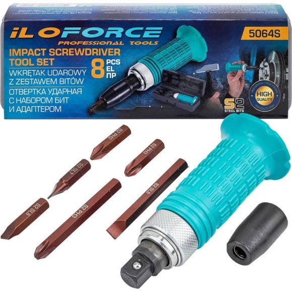 Отвертка ударная с набором бит и адаптером iLOFORCE 8 предметов IF-5064S(62236) Отвертка ударная с набором бит и адаптером iLOFORCE 8 предметов IF-5064S(62236)