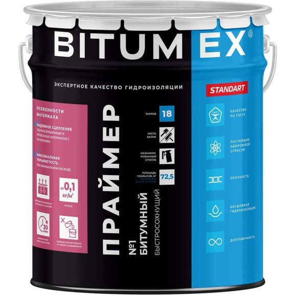 Праймер битумный быстросохнущий BITUMEX ведро 18л ПБ-042 Праймер битумный быстросохнущий BITUMEX ведро 18л ПБ-042