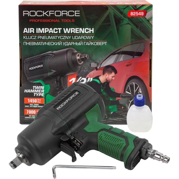 Ударный пневмогайковерт Rockforce Twin Hammer с реверсом и регулировкой усилия в облегченном корпусе 1/2" 1450Hм, 7000 об/мин,6.3bar,198 л/мин, вес 2кг RF-82549(48137) Ударный пневмогайковерт Rockforce Twin Hammer с реверсом и регулировкой усилия в облегченном корпусе 1/2" 1450Hм, 7000 об/мин,6.3bar,198 л/мин, вес 2кг RF-82549(48137)