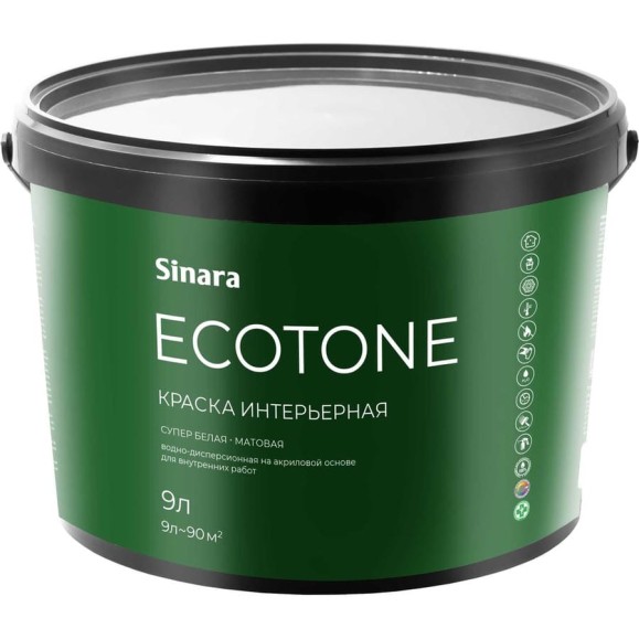 Краска интерьерная для внутренних работ Sinara Ecotone супер белая, База А, матовая, атмосферостойкая, водно-дисперсионная на акриловой основе, 9л SP 066
