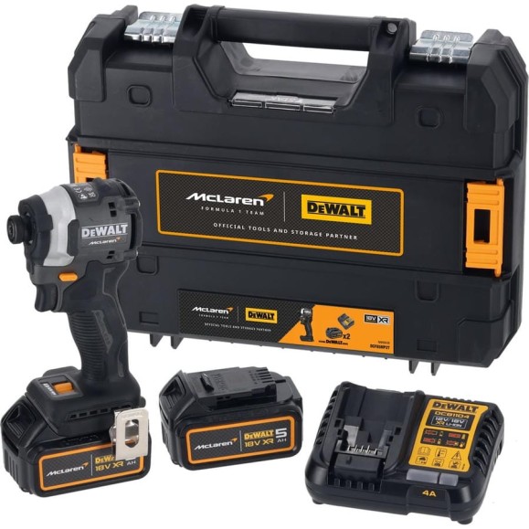 Шуруповерт Dewalt McLaren Limited Edition DCF85MP2T, 18 В, 205 Нм, 3800 уд/мин, с 2 АКБ 5 Ач и ЗУ, в кейсе TSTAK DCF85MP2T-QW
