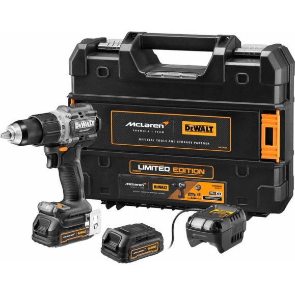 Ударная дрель-шуруповерт Dewalt McLaren Limited Edition DCD85ME2GT, 18 В, 2000 об/мин, с 2 АКБ 1.7 Ач и ЗУ, в кейсе TSTAK DCD85ME2GT-QW Ударная дрель-шуруповерт Dewalt McLaren Limited Edition DCD85ME2GT, 18 В, 2000 об/мин, с 2 АКБ 1.7 Ач и ЗУ, в кейсе TSTAK DCD85ME2GT-QW