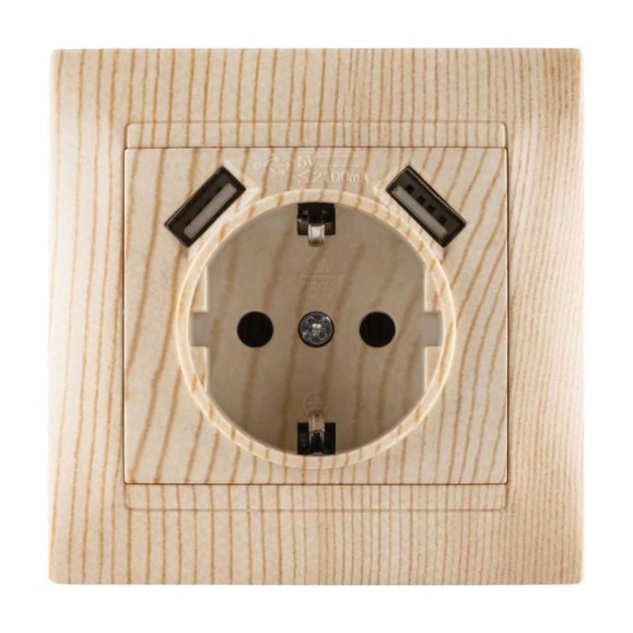 Розетка TDM ELECTRIC 2П+З 16А 250В + 2 USB порта 2,1А 5В сосна Лама SQ1815-0342