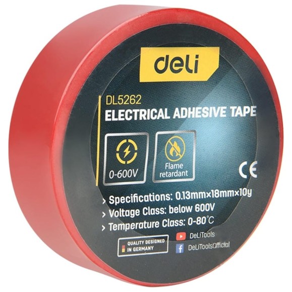 Изолента Deli красная 9м х 18мм х 0,13мм DL5262 (напряжение до 600В, 0-80 грд., ПВХ) 205048 Изолента Deli красная 9м х 18мм х 0,13мм DL5262 (напряжение до 600В, 0-80 грд., ПВХ) 205048