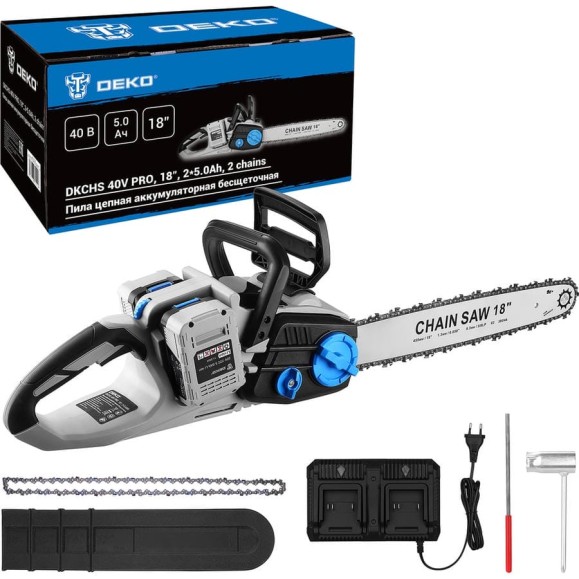 Пила цепная аккумуляторная бесщеточная DEKO DKCHS 40V PRO, 18, 2x20В, 2x5.0Ач, двойное з/у с доп. цепью 085-2020 Пила цепная аккумуляторная бесщеточная DEKO DKCHS 40V PRO, 18, 2x20В, 2x5.0Ач, двойное з/у с доп. цепью 085-2020