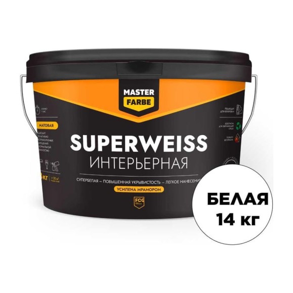 Интерьерная водно-дисперсионная краска MASTERFARBE Superweiss (высокоукрывистая; супербелая; 14 кг) 4631159427408 Интерьерная водно-дисперсионная краска MASTERFARBE Superweiss (высокоукрывистая; супербелая; 14 кг) 4631159427408