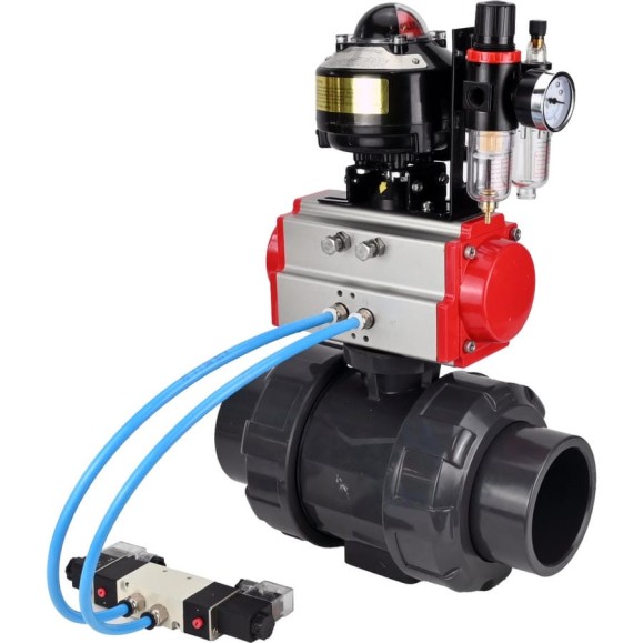 Кран шаровой НПВХ-НПВХ-E-FP-GRM-ISO Ду80 Ру10 DN.ru с пневмоприводом, пневмораспределителем, БПВ, БКВ D160-67656