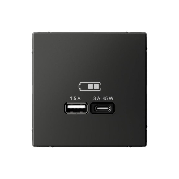 Розетка Systeme Electric ArtGallery базальт USB A + тип-C 45Вт высокоскоростная зарядка QC, PD, механизм GAL001429 8 шт 4690201034698