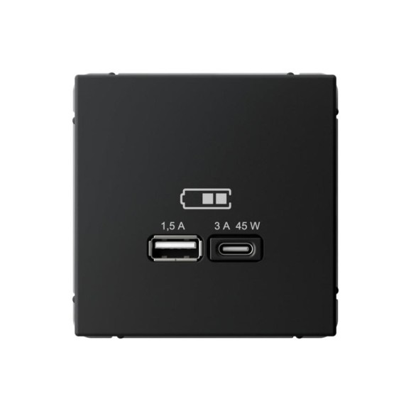 Розетка Systeme Electric ArtGallery карбон USB A + тип-C 45Вт высокоскоростная зарядка QC, PD, механизм GAL001029 8 шт 4690201034629