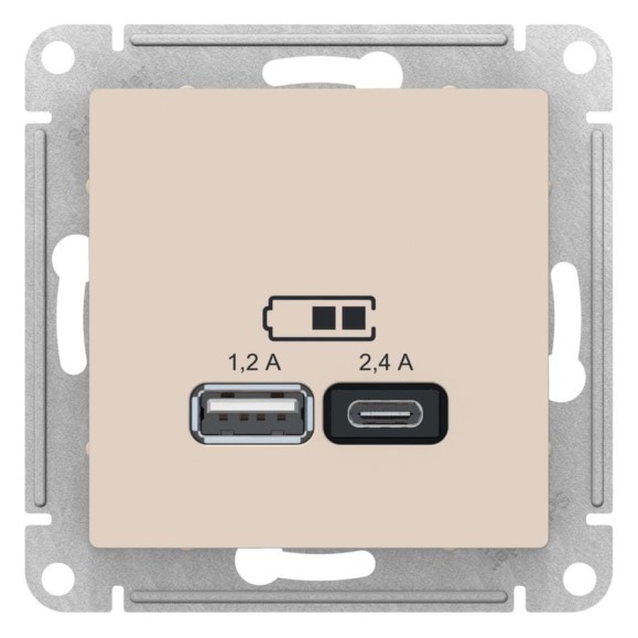 Розетка Systeme Electric (Schneider Electric) AtlasDesign Бежевый USB A+С, 5В/2,4А, 2х5В/1,2А ATN000239 8 шт 13606489583566 Розетка Systeme Electric (Schneider Electric) AtlasDesign Бежевый USB A+С, 5В/2,4А, 2х5В/1,2А ATN000239 8 шт 13606489583566