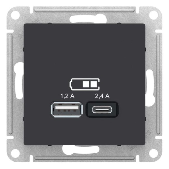 Розетка Systeme Electric (Schneider Electric) AtlasDesign Карбон USB A+С, 5В/2,4А, 2х5В/1,2 А ATN001039 8 шт 13606489710900 Розетка Systeme Electric (Schneider Electric) AtlasDesign Карбон USB A+С, 5В/2,4А, 2х5В/1,2 А ATN001039 8 шт 13606489710900