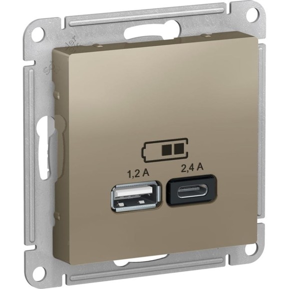 Розетка Systeme Electric (Schneider Electric) AtlasDesign Шампань USB A+С, 5В/2,4А, 2х5В/1,2А, механизм SE ATN000539 8 шт 13606489584730 Розетка Systeme Electric (Schneider Electric) AtlasDesign Шампань USB A+С, 5В/2,4А, 2х5В/1,2А, механизм SE ATN000539 8 шт 13606489584730