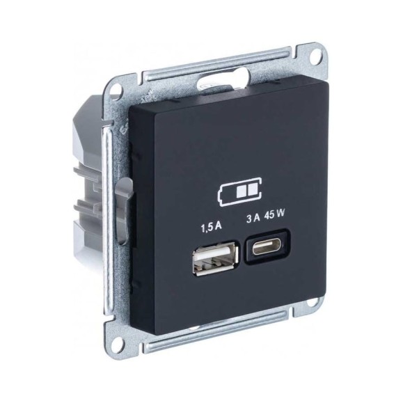 Розетка Systeme Electric (Schneider Electric) USB ATLASDESIGN A + тип-C 45W высокоскоростная зарядка QC, PD, механизм, КАРБОН ATN001029 8 шт 13606482211251