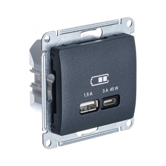 Розетка Systeme Electric (Schneider Electric) USB GLOSSA A + тип-C 45W высокоскоростная зарядка QC, PD, механизм, АНТРАЦИТ GSL000729 8 шт 13606482211329