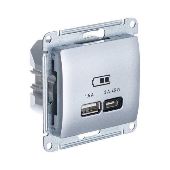 Розетка Systeme Electric (Schneider Electric) USB GLOSSA A + тип-C 45W высокоскоростная зарядка QC, PD, механизм, АЛЮМИНИЙ GSL000329 8 шт 13606482211282