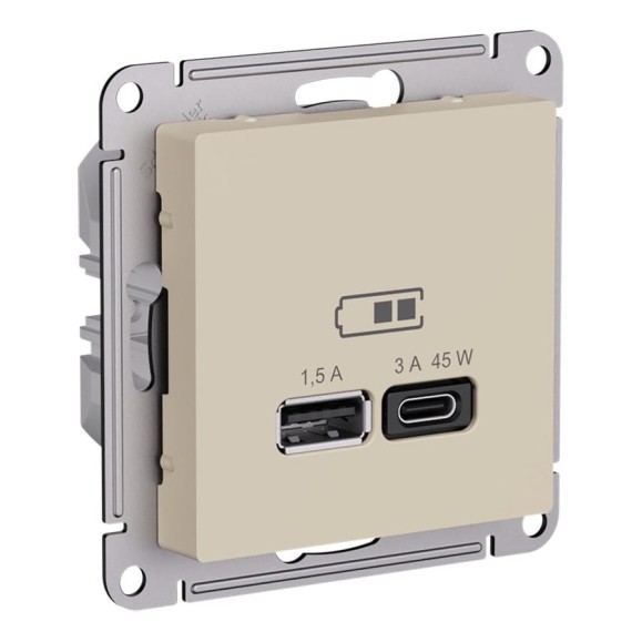 Розетка Systeme Electric Atlasdesign песочный usb a+c, 45w, fast charge (qc.pd) ATN001229 8 шт 4690201020417