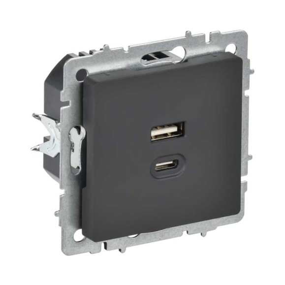 Розетка IEK BRITE USB A+C, 45Вт, высокоскоростная зарядка, графит РЮ11-2-БрГ BR-U22-045-K53
