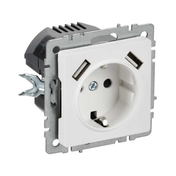 Розетка IEK BRITE с заземлением и шторками, 16А, с USB A+A, 2.1А, арктический белый РЮш10-1-БрАБ BR-R14-16-U21-D21-K91