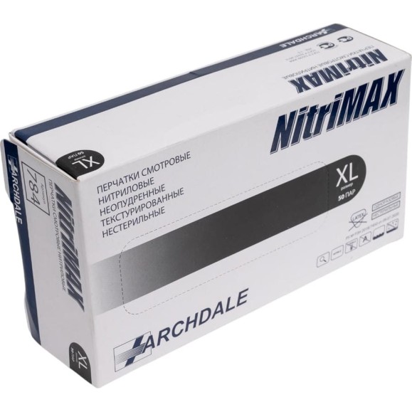 Перчатки смотровые неопудренные ARCHDALE NitriMax нитриловые, черные, 4г, 50 пар, р.XL B784XL Перчатки смотровые неопудренные ARCHDALE NitriMax нитриловые, черные, 4г, 50 пар, р.XL B784XL