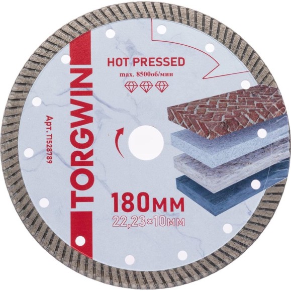 Диск алмазный отрезной TORGWIN сплошной Турбо по керамике 180x22.2/10x1.7 мм Hot press Professional T1528789 Диск алмазный отрезной TORGWIN сплошной Турбо по керамике 180x22.2/10x1.7 мм Hot press Professional T1528789