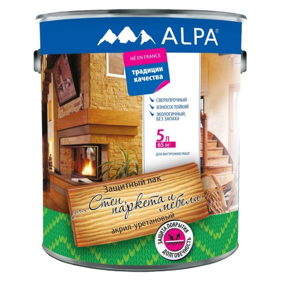 Лак акрил-уретановый для стен, паркета и мебели ALPA матовый 5л (5,3 кг) 3488570030165 Лак акрил-уретановый для стен, паркета и мебели ALPA матовый 5л (5,3 кг) 3488570030165