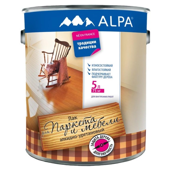 Лак для паркета и мебели ALPA Альпа матовый, 5л (4,6 кг) 3488570030400 Лак для паркета и мебели ALPA Альпа матовый, 5л (4,6 кг) 3488570030400